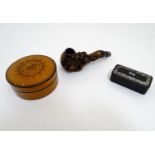 Three assorted 20thC items comprising a papier mache hinged snuff box with inlaid abalone