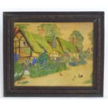 XIX-XX, English School, Watercolour, A naive / folk art scene depicting a village with thatched