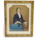 A Victorian watercolour depicting a portrait of a blue eyed young lady with a small bunch of