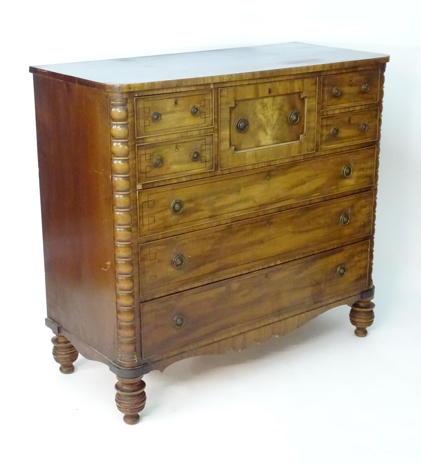 A late 19thC mahogany north country chest of drawers comprising a central geometrically moulded - Image 3 of 9