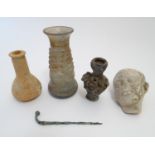 Five antiquities to include ceramic vases, vessels etc. together with glass vase. The tallest