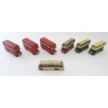 Toys: Seven Dinky Toys die cast scale model buses, comprising a Double Decker Bus, cream and red