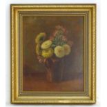 D.W., XIX, Oil on board, A still life study of yellow chrysanthemums and pink flowers in a jug.