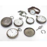 Assorted silver pocket watches together with a silver corsage watch hanger etc Please Note - we do