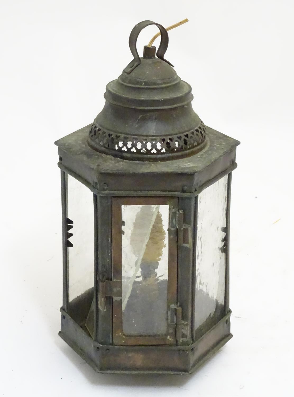 An Arts & Crafts copper hexagonal panelled pendant lantern, approximately 15 1/2" tall Please Note - - Image 2 of 5