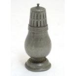 A 19thC pewter pepperette, stamped with rose & crown with initials 'A B' under, 5 1/4" tall Please