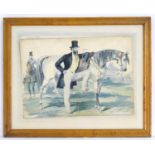 XIX, Watercolour, A Gentleman and his Horse, with a man on horseback behind. Titled under. In a