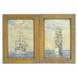 XX, Marine School, Oil on canvas laid on board, A pair of clipper ships at sea. Approx. 10 3/4" x