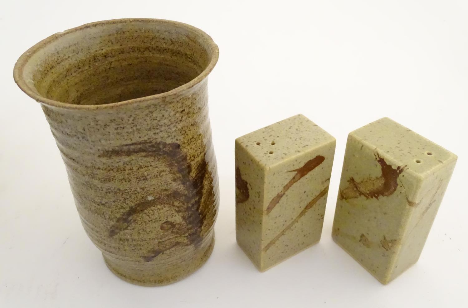 A quantity of assorted studio pottery wares, to include vases, a salt and pepper of rectangular - Image 7 of 10