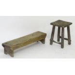 A 19thC low pine bench and milking stool. The largest 36" long x 9" wide. (2) Please Note - we do