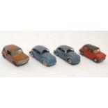 Toys: Four Dinky Toys die cast scale model cars comprising Mini Minor, with red body and black