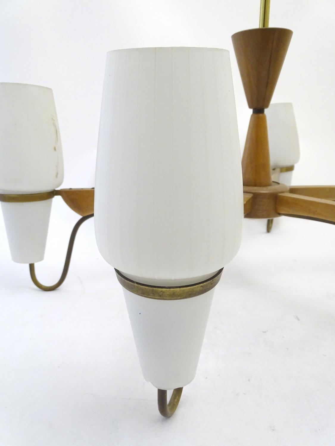 Vintage Retro, Mid-Century: a European walnut six branch electrolier, with brass fittings and opaque - Image 6 of 6