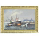 Indistinctly signed, XX, Ukrainian School, Oil on canvas, A busy dock scene with moored ships and