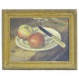 F Weight, XX, Oil on canvas laid on board, A still life study of apples on a plate. Signed lower