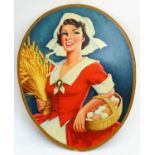 A large hand painted wooden shop advertising sign depicting the Ovaltine trademark, a lady in the