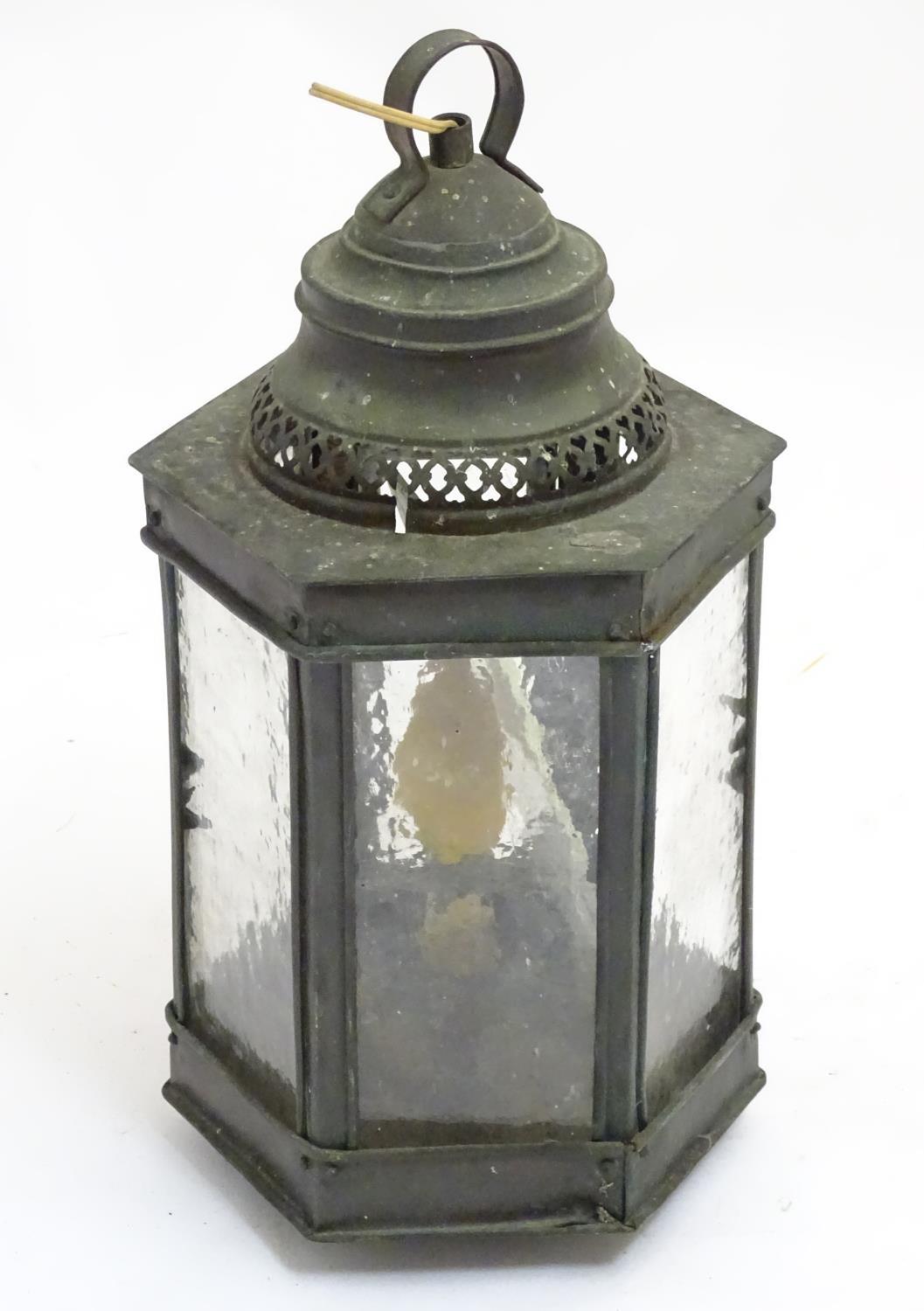 An Arts & Crafts copper hexagonal panelled pendant lantern, approximately 15 1/2" tall Please Note - - Image 5 of 5