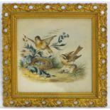 C. Ollivant, XIX-XX, Watercolour, A landscape scene depicting birds nesting, possibly wheatears.