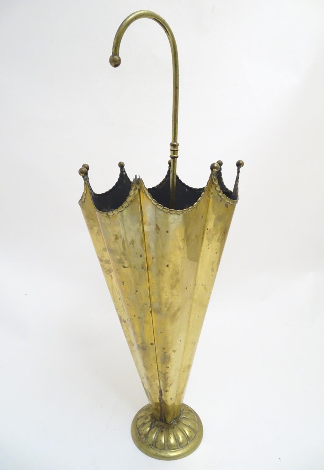 An early 20thC brass stick stand formed as an upturned umbrella, with internal division and weighted - Image 4 of 6