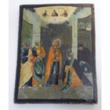 An early 20thC Russian religious icon painted on panel depicting Mary attended by four saints,
