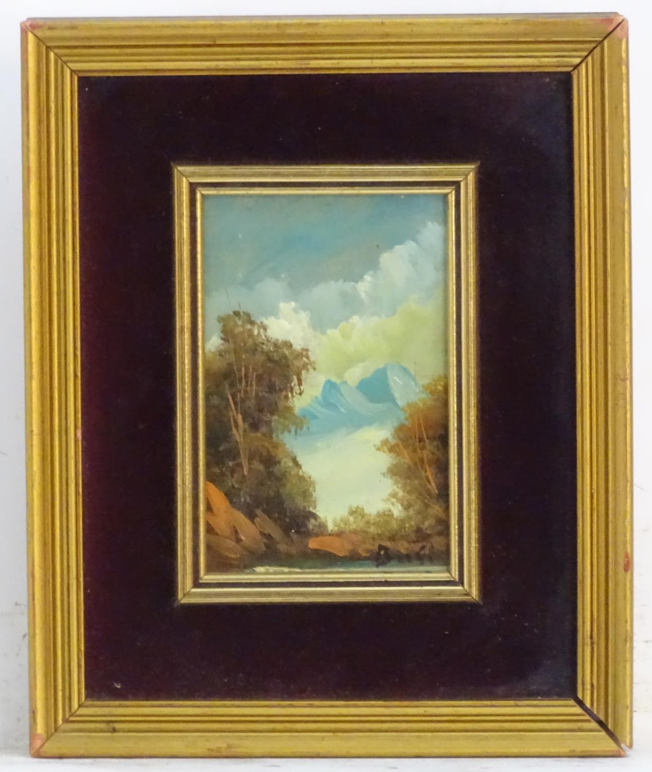 Buss, XX, Oil on board, A mountain landscape scene. Signed lower right. Approx. 5 1/2" x 3 1/2" - Image 3 of 5