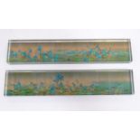 Two 21stC Oriental glass desk paperweights of rectangular form, one depicting a mountainous