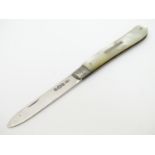 A Victorian mother of pearl handled silver folding fruit knife hallmarked Sheffield 1898 maker