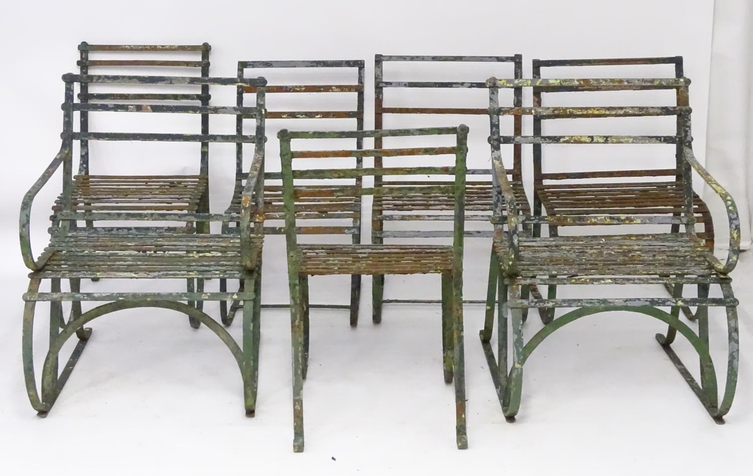 Seven Regency period garden chairs, these wrought iron strap back rails over a seat supported by 'S' - Image 2 of 5