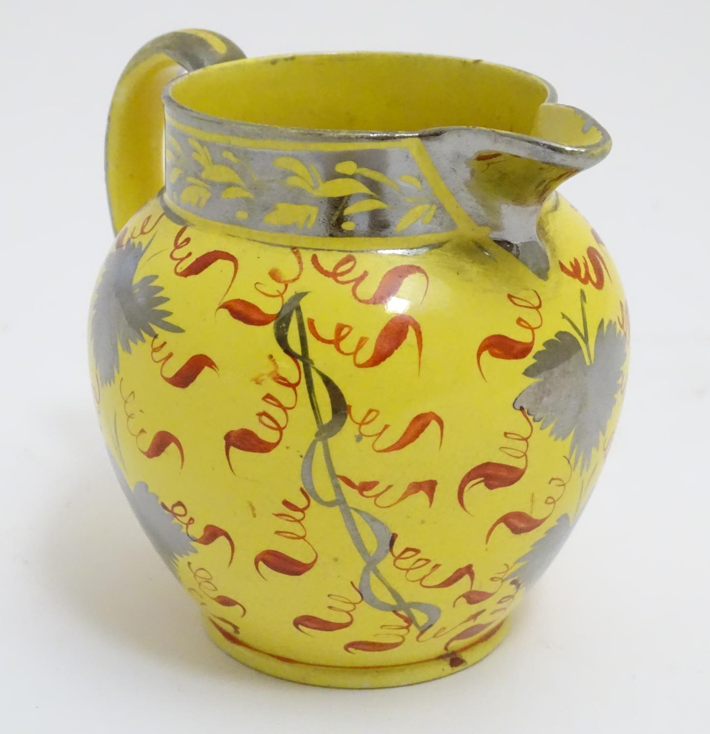 A 19thC canary yellow Sunderland lustre cream jug with stylised lustre leaf and foliate - Image 4 of 8