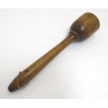 A 19thC treen turned wooden mallet with banded detail. Approx. 13" Please Note - we do not make