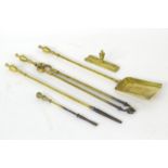 A set of Victorian brass fire tools, comprising shovel, tongs and poker, each with urn finial