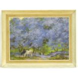 Rankin, XX, Oil on board, An Impressionist style wooded landscape with trees in blossom and cattle