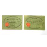 Local interest: two tokens, printed on green-washed card with wax seals, ' Ticket for