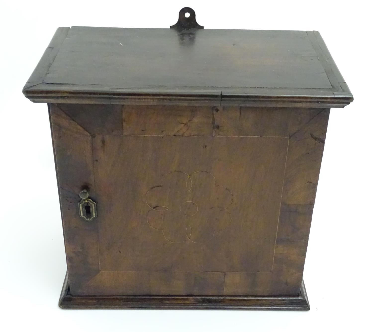 An 18thC walnut spice cupboard with string inlay. Approx. 14 1/4" x 14 3/4" x 9 1/4" Please Note - - Image 3 of 6