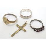 Assorted jewellery: 3 Silver rings - one plain band, one mounted with a row of 7 dark red stones and