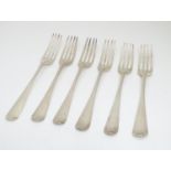 A set of 6 Geo III silver table forks. Hallmarked London 1774 maker Thomas Chawner. 8 1/4" long (