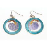 A pair of silver gilt drop earrings with enamel bird decoration. Approx 3/4" diameter Please