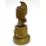 A late 19th / early 20thC bronze bust of a Roman soldier, on a cylindrical socle. Approx. 7 3/4"