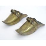 A pair of 19thC South American brass horse riding stirrup shoes with engraved decoration. Approx.