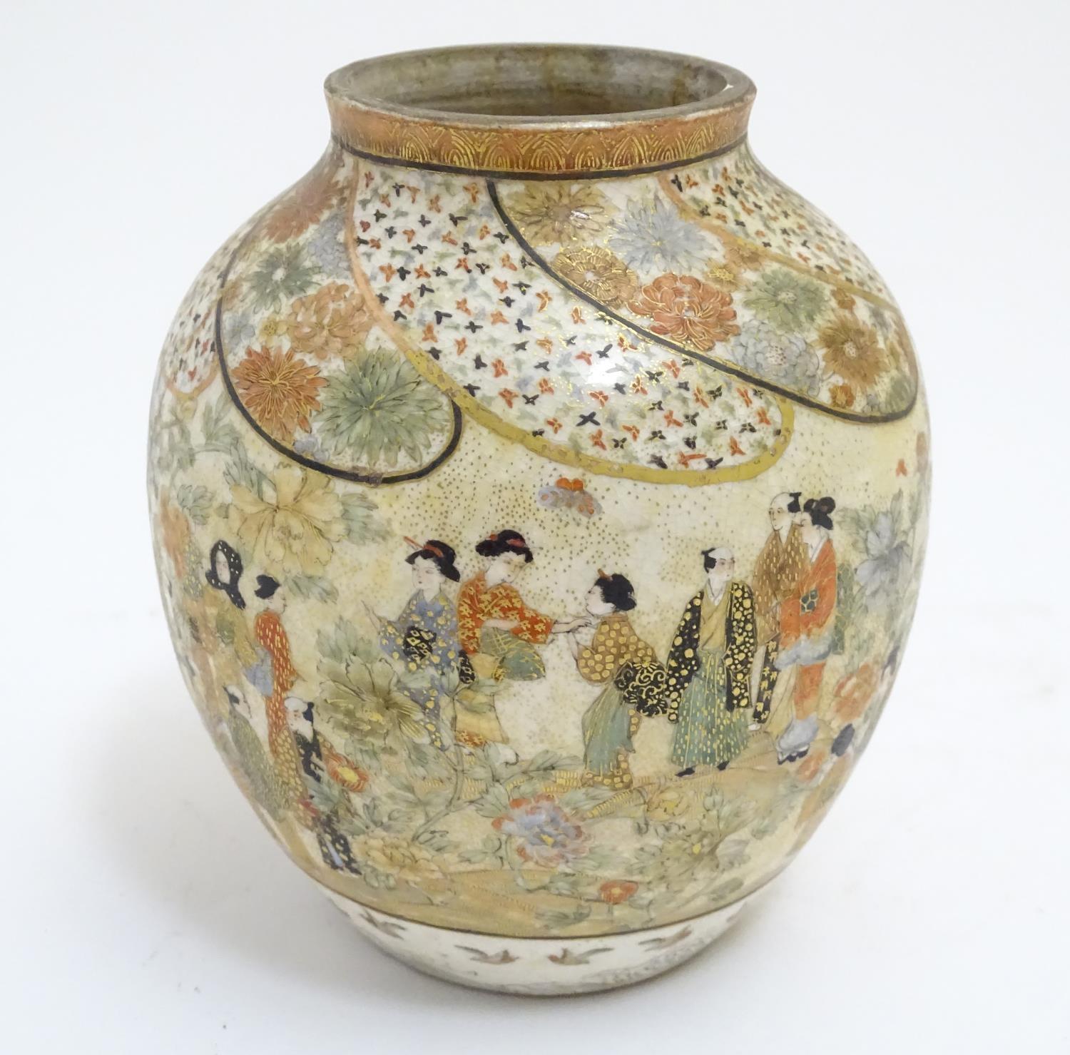 A Japanese Satsuma vase with hand painted decoration depicting figures, geisha girls etc. in a - Image 4 of 7