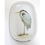 A German Arzberg plate / charger of ovoid form with hand painted heron bird decoration. Marked under