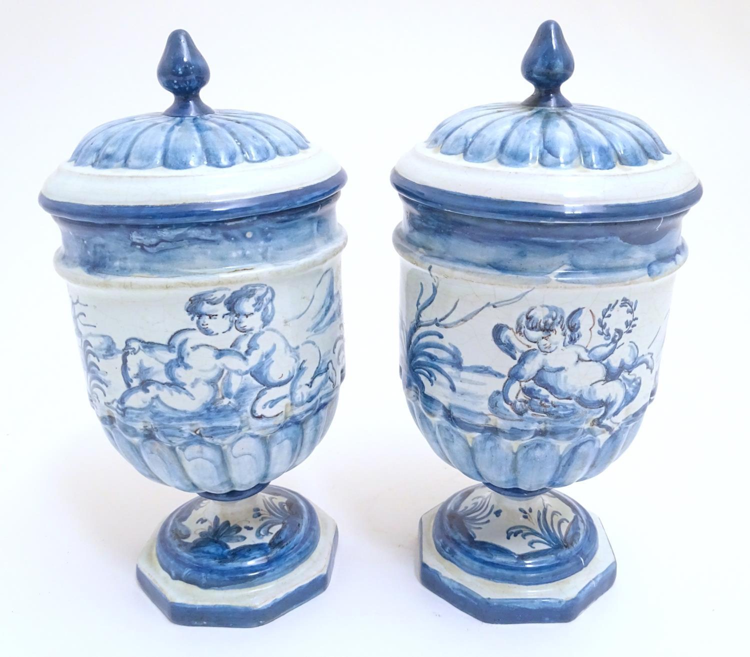 A pair of Continental blue and white pedestal jars and covers decorated with hand painted - Image 3 of 6