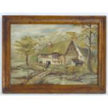 Grandchamp, XIX, French School, Oil on an 18thC tapestry, A thatched cottage in water meadows by a