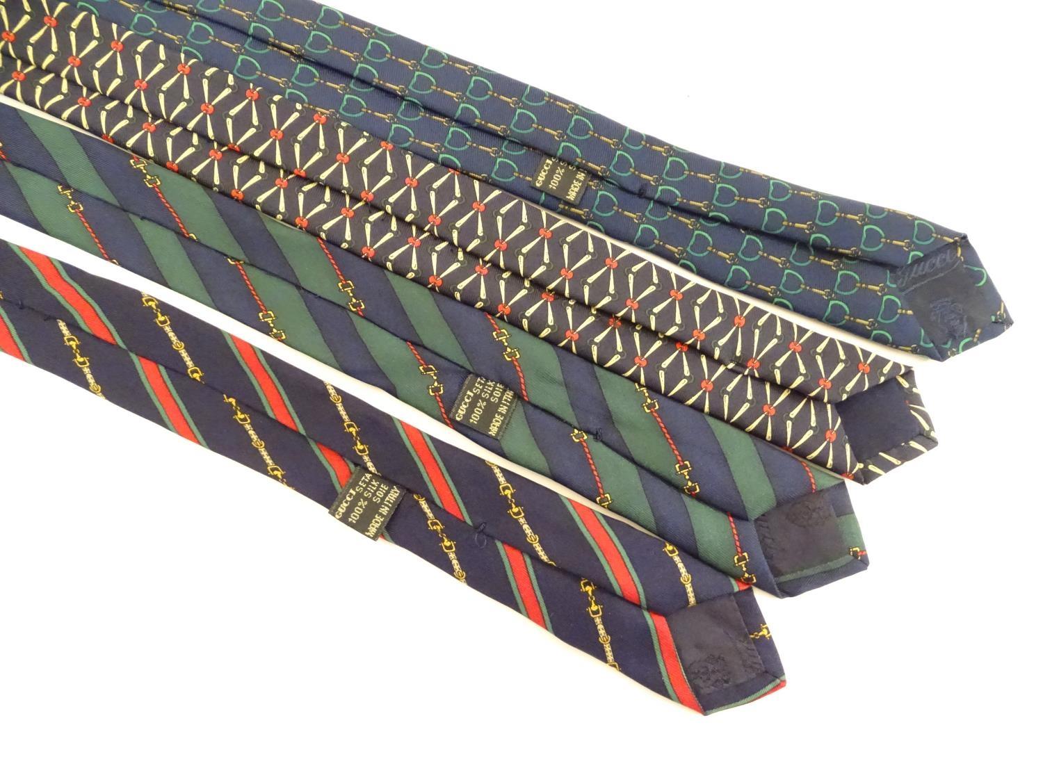 4 Gucci silk ties, various designs in greens, black and blues (4) Please Note - we do not make - Image 2 of 7