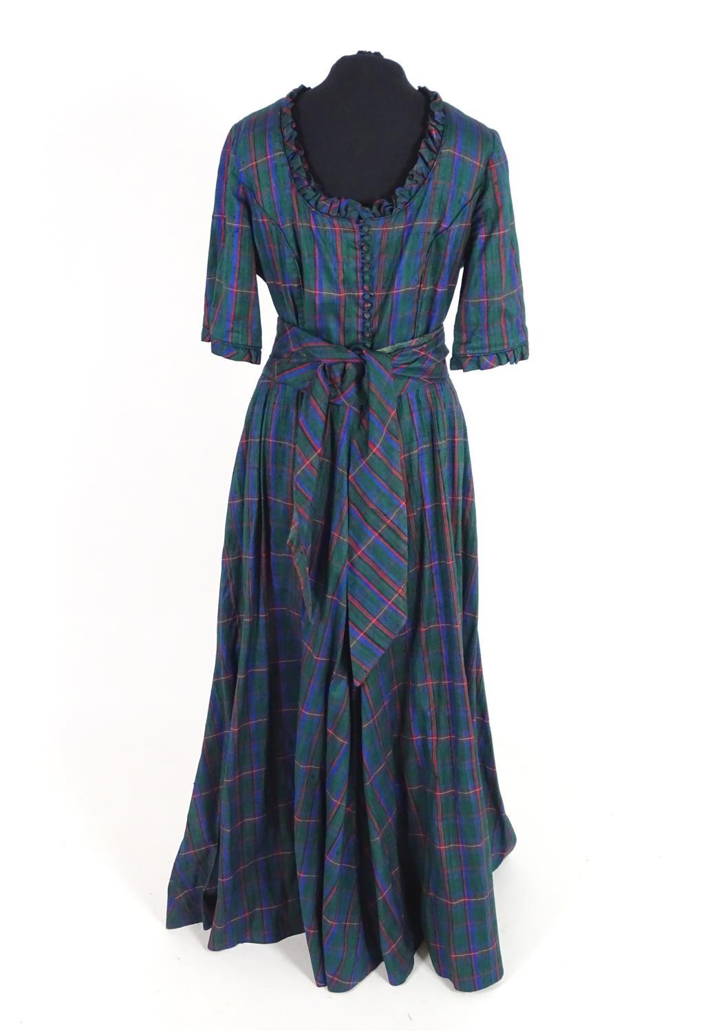 Vintage bespoke full length outfits. A taffeta evening dress, circa 1980's, green with check