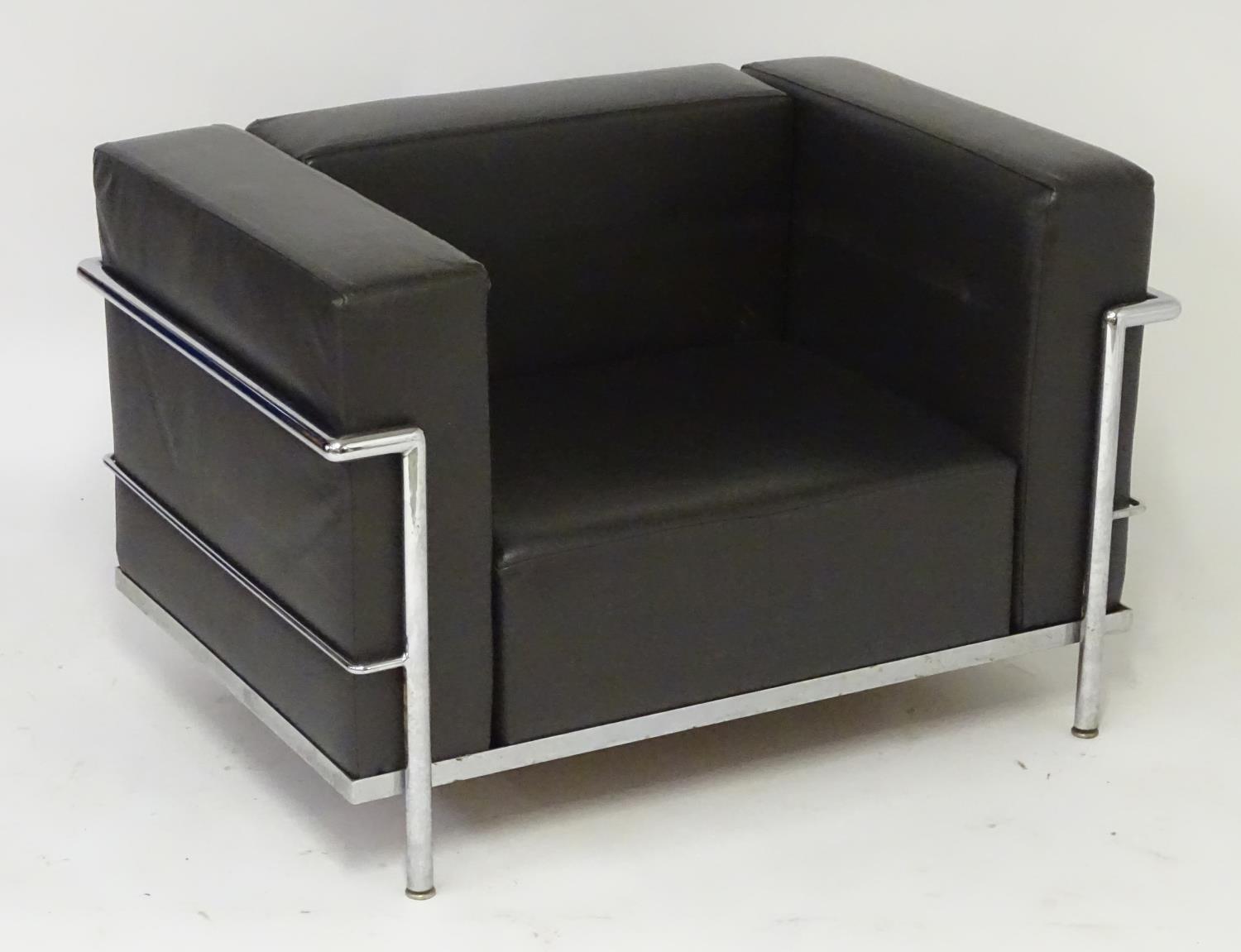 A pair of Le Corbusier LC3 chairs with leather backrests, seats, arms and chromed frames. 39" wide x - Bild 9 aus 10