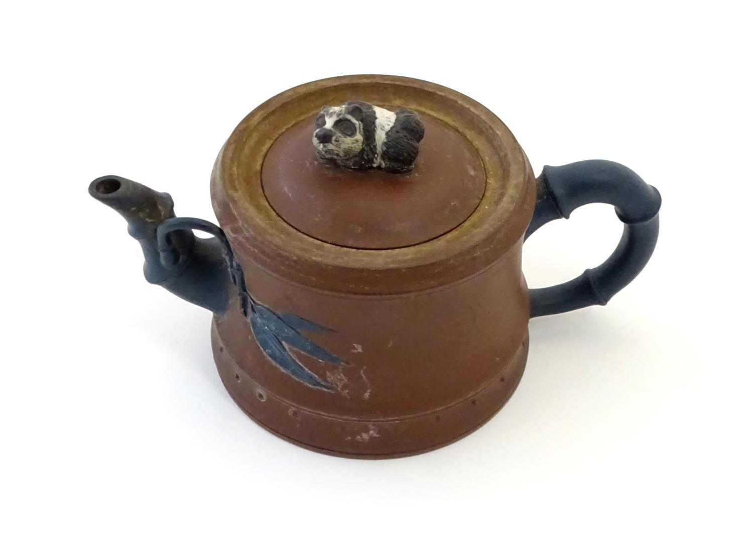 A Chinese clay teapot, the handle and spout modelled as stylised bamboo, the lid surmounted by a - Image 9 of 15