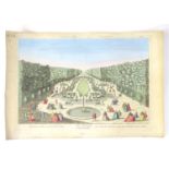 XVIII, Hand coloured engraving, Vue d'Optique Representant La Salle des Festins dans les Jardins