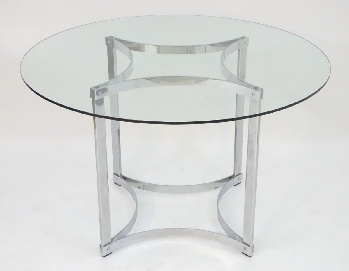 A mid / late 20thC glass top table with a chromed base and four cantilever dining chairs with - Bild 3 aus 3