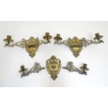 A trio of 19thC brass adjustable double wall sconces, decorated with acanthus fronds and elements of