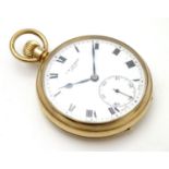 A 9ct gold JW Benson open face pocket watch with white enamel dial, Roman numerals and inset seconds